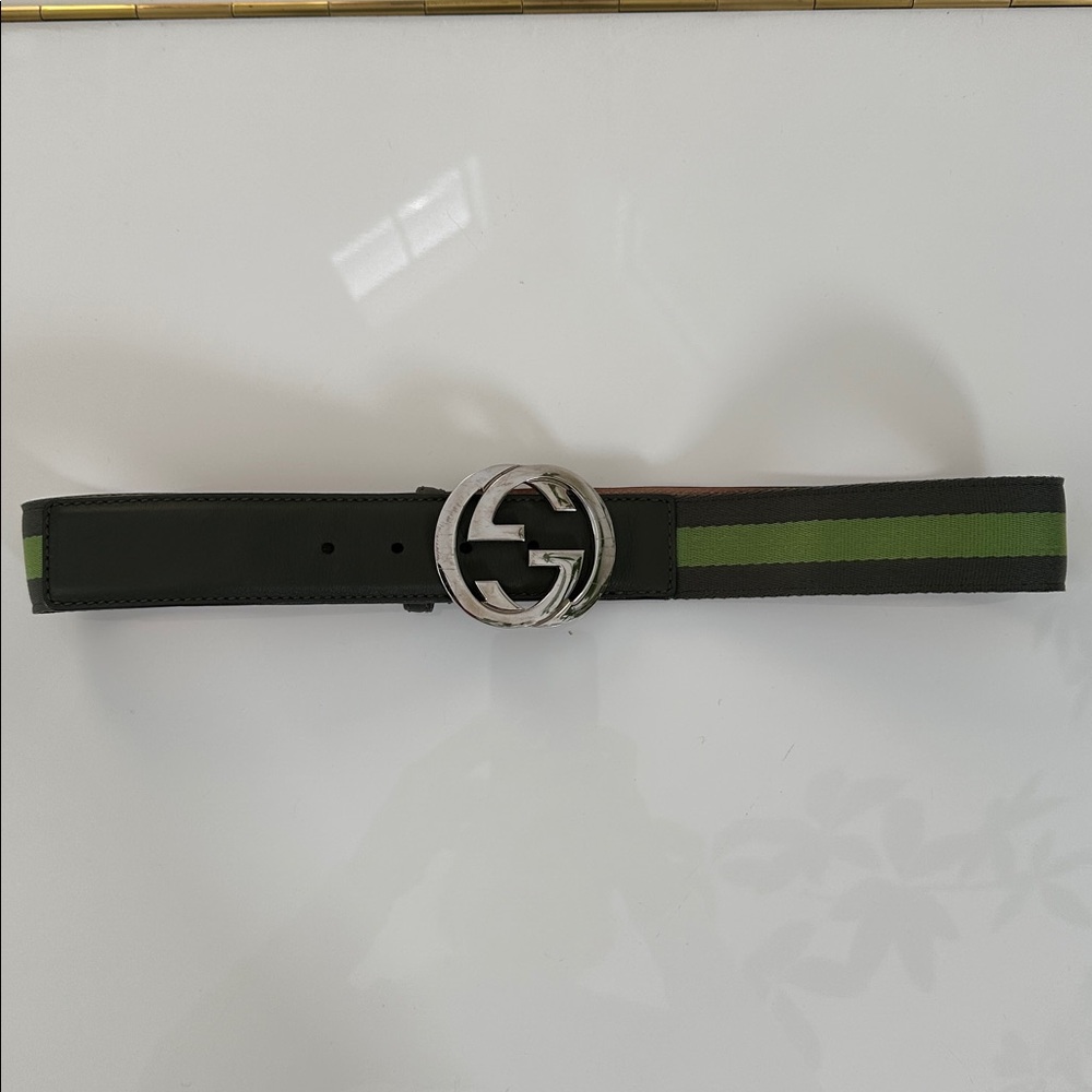 Authentic Gucci Green Canvas & Leather Belt with  Silver GG Buckle - Picture 2 of 11